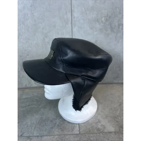 Vintage Leather Football Cap Brass Shield Ear Flaps Lined Size M Black